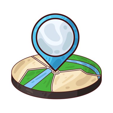 Belirli bir hedef ya da noktayı sembolize eden, üzerinde belirgin bir lokasyon iğnesi olan bir harita. Haritada yollar, yer işaretleri veya arazi ayrıntıları gösterilirken, pim navigasyon, seyahat planlaması veya izleme için bir işaret olarak göze çarpıyor.