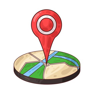 Belirli bir hedef ya da noktayı sembolize eden, üzerinde belirgin bir lokasyon iğnesi olan bir harita. Haritada yollar, yer işaretleri veya arazi ayrıntıları gösterilirken, pim navigasyon, seyahat planlaması veya izleme için bir işaret olarak göze çarpıyor.