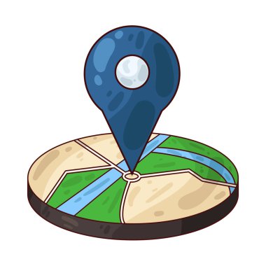 Belirli bir hedef ya da noktayı sembolize eden, üzerinde belirgin bir lokasyon iğnesi olan bir harita. Haritada yollar, yer işaretleri veya arazi ayrıntıları gösterilirken, pim navigasyon, seyahat planlaması veya izleme için bir işaret olarak göze çarpıyor.