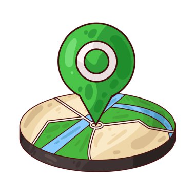 Belirli bir hedef ya da noktayı sembolize eden, üzerinde belirgin bir lokasyon iğnesi olan bir harita. Haritada yollar, yer işaretleri veya arazi ayrıntıları gösterilirken, pim navigasyon, seyahat planlaması veya izleme için bir işaret olarak göze çarpıyor.