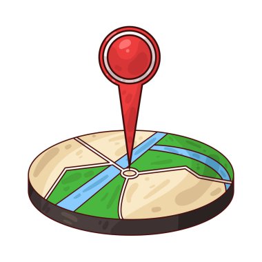 Belirli bir hedef ya da noktayı sembolize eden, üzerinde belirgin bir lokasyon iğnesi olan bir harita. Haritada yollar, yer işaretleri veya arazi ayrıntıları gösterilirken, pim navigasyon, seyahat planlaması veya izleme için bir işaret olarak göze çarpıyor.