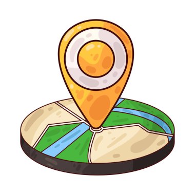 Belirli bir hedef ya da noktayı sembolize eden, üzerinde belirgin bir lokasyon iğnesi olan bir harita. Haritada yollar, yer işaretleri veya arazi ayrıntıları gösterilirken, pim navigasyon, seyahat planlaması veya izleme için bir işaret olarak göze çarpıyor.