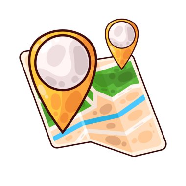 Belirli bir hedef ya da noktayı sembolize eden, üzerinde belirgin bir lokasyon iğnesi olan bir harita. Haritada yollar, yer işaretleri veya arazi ayrıntıları gösterilirken, pim navigasyon, seyahat planlaması veya izleme için bir işaret olarak göze çarpıyor.