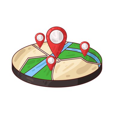 Belirli bir hedef ya da noktayı sembolize eden, üzerinde belirgin bir lokasyon iğnesi olan bir harita. Haritada yollar, yer işaretleri veya arazi ayrıntıları gösterilirken, pim navigasyon, seyahat planlaması veya izleme için bir işaret olarak göze çarpıyor.