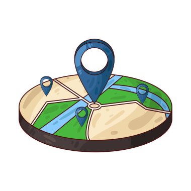 Belirli bir hedef ya da noktayı sembolize eden, üzerinde belirgin bir lokasyon iğnesi olan bir harita. Haritada yollar, yer işaretleri veya arazi ayrıntıları gösterilirken, pim navigasyon, seyahat planlaması veya izleme için bir işaret olarak göze çarpıyor.