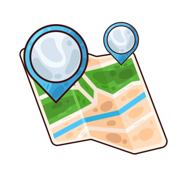 Belirli bir hedef ya da noktayı sembolize eden, üzerinde belirgin bir lokasyon iğnesi olan bir harita. Haritada yollar, yer işaretleri veya arazi ayrıntıları gösterilirken, pim navigasyon, seyahat planlaması veya izleme için bir işaret olarak göze çarpıyor.