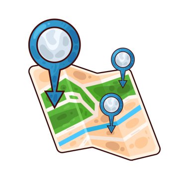 Belirli bir hedef ya da noktayı sembolize eden, üzerinde belirgin bir lokasyon iğnesi olan bir harita. Haritada yollar, yer işaretleri veya arazi ayrıntıları gösterilirken, pim navigasyon, seyahat planlaması veya izleme için bir işaret olarak göze çarpıyor.