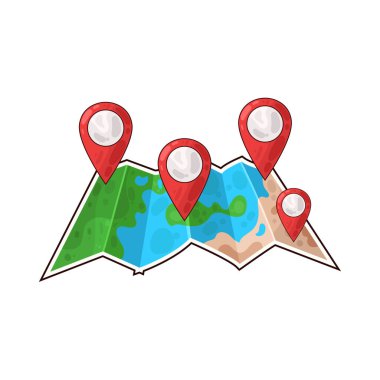 Belirli bir hedef ya da noktayı sembolize eden, üzerinde belirgin bir lokasyon iğnesi olan bir harita. Haritada yollar, yer işaretleri veya arazi ayrıntıları gösterilirken, pim navigasyon, seyahat planlaması veya izleme için bir işaret olarak göze çarpıyor. 