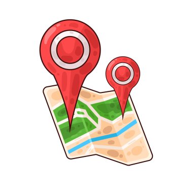 Belirli bir hedef ya da noktayı sembolize eden, üzerinde belirgin bir lokasyon iğnesi olan bir harita. Haritada yollar, yer işaretleri veya arazi ayrıntıları gösterilirken, pim navigasyon, seyahat planlaması veya izleme için bir işaret olarak göze çarpıyor. 