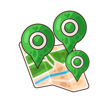 Belirli bir hedef ya da noktayı sembolize eden, üzerinde belirgin bir lokasyon iğnesi olan bir harita. Haritada yollar, yer işaretleri veya arazi ayrıntıları gösterilirken, pim navigasyon, seyahat planlaması veya izleme için bir işaret olarak göze çarpıyor. 