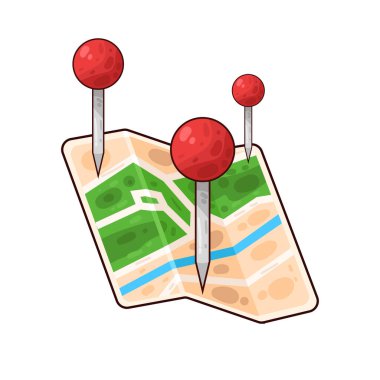 Belirli bir hedef ya da noktayı sembolize eden, üzerinde belirgin bir lokasyon iğnesi olan bir harita. Haritada yollar, yer işaretleri veya arazi ayrıntıları gösterilirken, pim navigasyon, seyahat planlaması veya izleme için bir işaret olarak göze çarpıyor. 