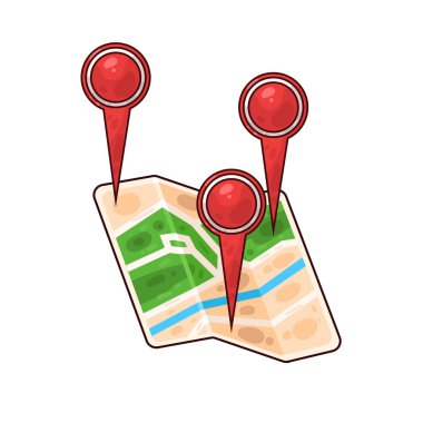 Belirli bir hedef ya da noktayı sembolize eden, üzerinde belirgin bir lokasyon iğnesi olan bir harita. Haritada yollar, yer işaretleri veya arazi ayrıntıları gösterilirken, pim navigasyon, seyahat planlaması veya izleme için bir işaret olarak göze çarpıyor. 