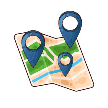 Belirli bir hedef ya da noktayı sembolize eden, üzerinde belirgin bir lokasyon iğnesi olan bir harita. Haritada yollar, yer işaretleri veya arazi ayrıntıları gösterilirken, pim navigasyon, seyahat planlaması veya izleme için bir işaret olarak göze çarpıyor. 