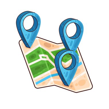 Belirli bir hedef ya da noktayı sembolize eden, üzerinde belirgin bir lokasyon iğnesi olan bir harita. Haritada yollar, yer işaretleri veya arazi ayrıntıları gösterilirken, pim navigasyon, seyahat planlaması veya izleme için bir işaret olarak göze çarpıyor. 