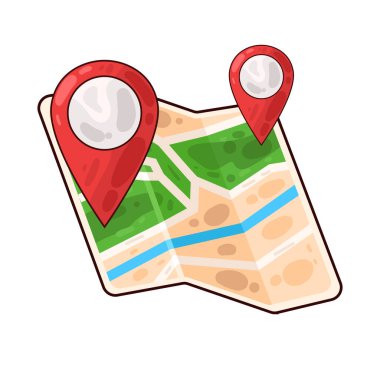 Belirli bir hedef ya da noktayı sembolize eden, üzerinde belirgin bir lokasyon iğnesi olan bir harita. Haritada yollar, yer işaretleri veya arazi ayrıntıları gösterilirken, pim navigasyon, seyahat planlaması veya izleme için bir işaret olarak göze çarpıyor. 