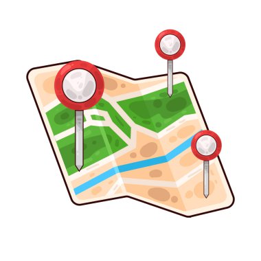 Belirli bir hedef ya da noktayı sembolize eden, üzerinde belirgin bir lokasyon iğnesi olan bir harita. Haritada yollar, yer işaretleri veya arazi ayrıntıları gösterilirken, pim navigasyon, seyahat planlaması veya izleme için bir işaret olarak göze çarpıyor. 