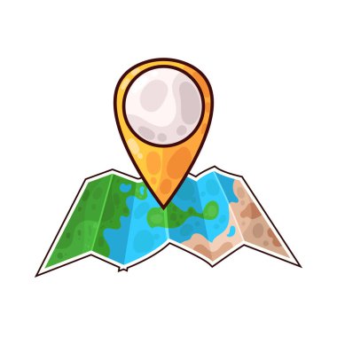 Belirli bir hedef ya da noktayı sembolize eden, üzerinde belirgin bir lokasyon iğnesi olan bir harita. Haritada yollar, yer işaretleri veya arazi ayrıntıları gösterilirken, pim navigasyon, seyahat planlaması veya izleme için bir işaret olarak göze çarpıyor. 