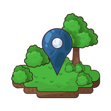 Ormanın üzerine yerleştirilmiş bir lokasyon iğnesi doğal bir varış yeri, açık hava macerası ya da çevre dostu seyahat noktasını simgeliyor..