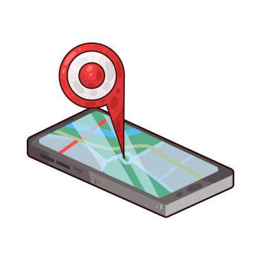 Çevrimiçi dijital harita arayüzü, basitleştirilmiş yollar, sokaklar ve simgelerin yerleşimini içeriyor. Kırmızı konum iğnesi, yön okları veya arama çubukları gibi belirgin simgeler navigasyon özelliklerini vurgular. 