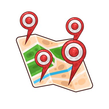 Belirli bir hedef ya da noktayı sembolize eden, üzerinde belirgin bir lokasyon iğnesi olan bir harita. Haritada yollar, yer işaretleri veya arazi ayrıntıları gösterilirken, pim navigasyon, seyahat planlaması veya izleme için bir işaret olarak göze çarpıyor. 