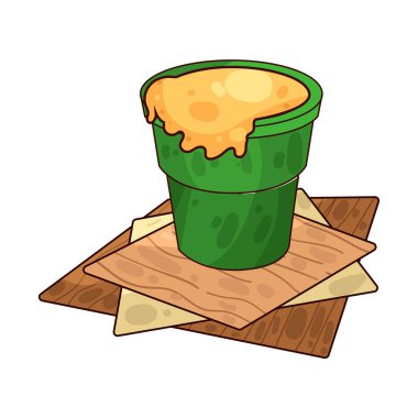 Sıvı boya dolu bir boya kovası. Genellikle kenarlardan damlayan boya ile tasvir edilir. Renkleri, dekorasyonu veya resim faaliyetlerini sembolize eder..