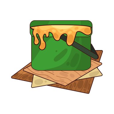 Sıvı boya dolu bir boya kovası. Genellikle kenarlardan damlayan boya ile tasvir edilir. Renkleri, dekorasyonu veya resim faaliyetlerini sembolize eder..