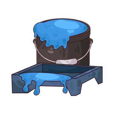 Boya tepsisinin yanına yerleştirilmiş bir boya kovası ev dekorasyonu ve dekorasyonunda kullanılan boya aletlerini temsil ediyor..