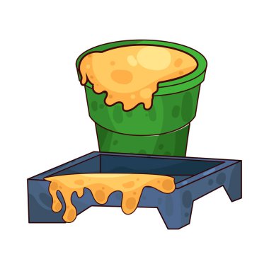 Boya tepsisinin yanına yerleştirilmiş bir boya kovası ev dekorasyonu ve dekorasyonunda kullanılan boya aletlerini temsil ediyor..