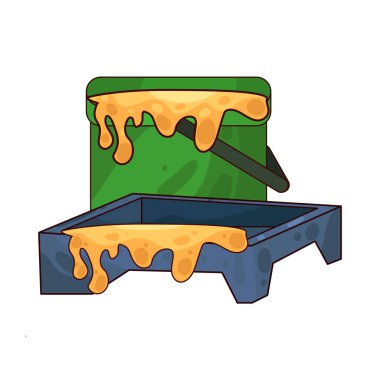 Boya tepsisinin yanına yerleştirilmiş bir boya kovası ev dekorasyonu ve dekorasyonunda kullanılan boya aletlerini temsil ediyor..