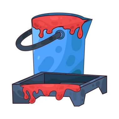 Boya tepsisinin yanına yerleştirilmiş bir boya kovası ev dekorasyonu ve dekorasyonunda kullanılan boya aletlerini temsil ediyor..