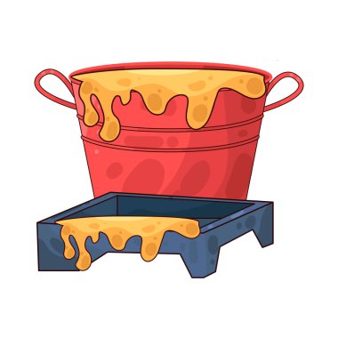 Boya tepsisinin yanına yerleştirilmiş bir boya kovası ev dekorasyonu ve dekorasyonunda kullanılan boya aletlerini temsil ediyor..