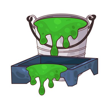 Boya tepsisinin yanına yerleştirilmiş bir boya kovası ev dekorasyonu ve dekorasyonunda kullanılan boya aletlerini temsil ediyor..