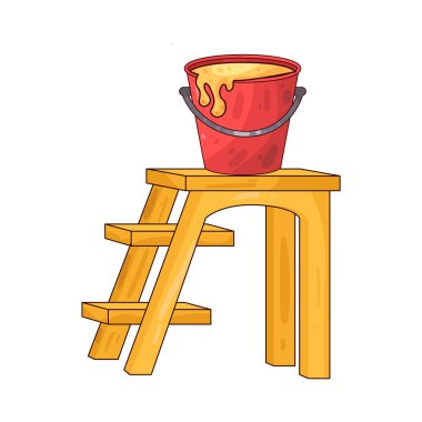 Üzerinde boya kovası olan bir merdiven boyama, yenileme veya ev dekorasyonu görevlerini sembolize eder..