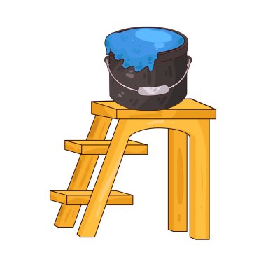 Üzerinde boya kovası olan bir merdiven boyama, yenileme veya ev dekorasyonu görevlerini sembolize eder..