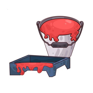 Boya tepsisinin yanına yerleştirilmiş bir boya kovası ev dekorasyonu ve dekorasyonunda kullanılan boya aletlerini temsil ediyor..