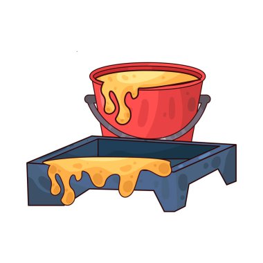 Boya tepsisinin yanına yerleştirilmiş bir boya kovası ev dekorasyonu ve dekorasyonunda kullanılan boya aletlerini temsil ediyor..