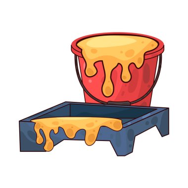 Boya tepsisinin yanına yerleştirilmiş bir boya kovası ev dekorasyonu ve dekorasyonunda kullanılan boya aletlerini temsil ediyor..