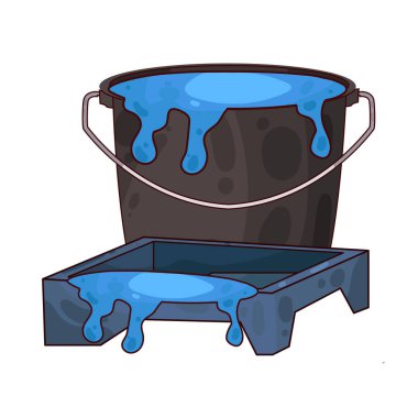 Boya tepsisinin yanına yerleştirilmiş bir boya kovası ev dekorasyonu ve dekorasyonunda kullanılan boya aletlerini temsil ediyor..