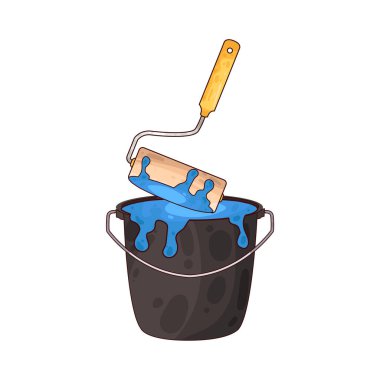 Boya kovasına batırılan bir boya silindiri, bir yenileme veya dekorasyon görevi sırasında boyama duvarlarının veya büyük yüzeylerin hazırlanmasını simgeliyor..