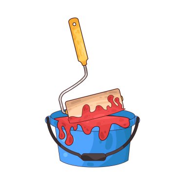 Boya kovasına batırılan bir boya silindiri, bir yenileme veya dekorasyon görevi sırasında boyama duvarlarının veya büyük yüzeylerin hazırlanmasını simgeliyor..