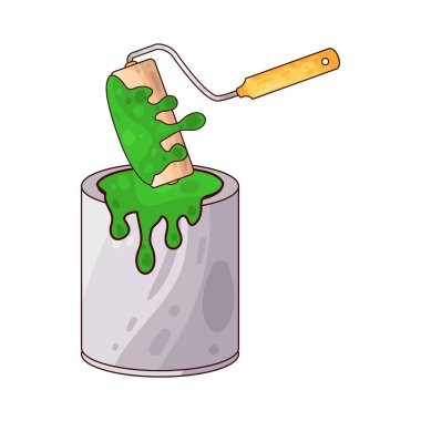 Boya kovasına batırılan bir boya silindiri, bir yenileme veya dekorasyon görevi sırasında boyama duvarlarının veya büyük yüzeylerin hazırlanmasını simgeliyor..