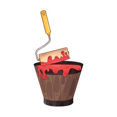 Boya kovasına batırılan bir boya silindiri, bir yenileme veya dekorasyon görevi sırasında boyama duvarlarının veya büyük yüzeylerin hazırlanmasını simgeliyor..