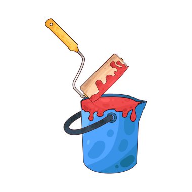 Boya kovasına batırılan bir boya silindiri, bir yenileme veya dekorasyon görevi sırasında boyama duvarlarının veya büyük yüzeylerin hazırlanmasını simgeliyor..