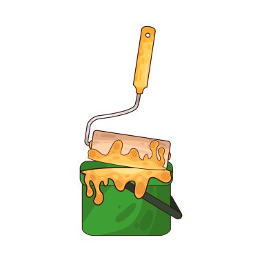 Boya kovasına batırılan bir boya silindiri, bir yenileme veya dekorasyon görevi sırasında boyama duvarlarının veya büyük yüzeylerin hazırlanmasını simgeliyor..