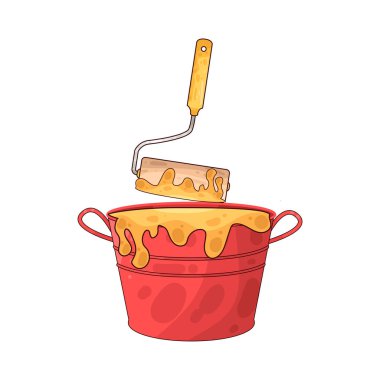 Boya kovasına batırılan bir boya silindiri, bir yenileme veya dekorasyon görevi sırasında boyama duvarlarının veya büyük yüzeylerin hazırlanmasını simgeliyor..