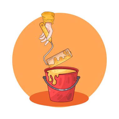 Boya kovasına batırılan bir boya silindiri, bir yenileme veya dekorasyon görevi sırasında boyama duvarlarının veya büyük yüzeylerin hazırlanmasını simgeliyor..