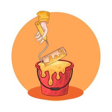 Boya kovasına batırılan bir boya silindiri, bir yenileme veya dekorasyon görevi sırasında boyama duvarlarının veya büyük yüzeylerin hazırlanmasını simgeliyor..