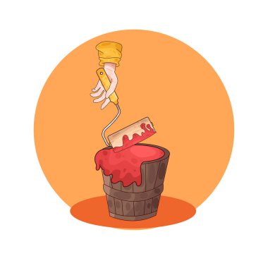 Boya kovasına batırılan bir boya silindiri, bir yenileme veya dekorasyon görevi sırasında boyama duvarlarının veya büyük yüzeylerin hazırlanmasını simgeliyor..