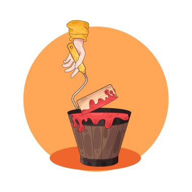 Boya kovasına batırılan bir boya silindiri, bir yenileme veya dekorasyon görevi sırasında boyama duvarlarının veya büyük yüzeylerin hazırlanmasını simgeliyor..