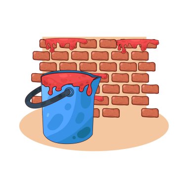 Duvarın önüne yerleştirilmiş bir boya kovası, yenilenmeyi, duvar boyamasını ya da ev dekorasyonunu temsil ediyor..